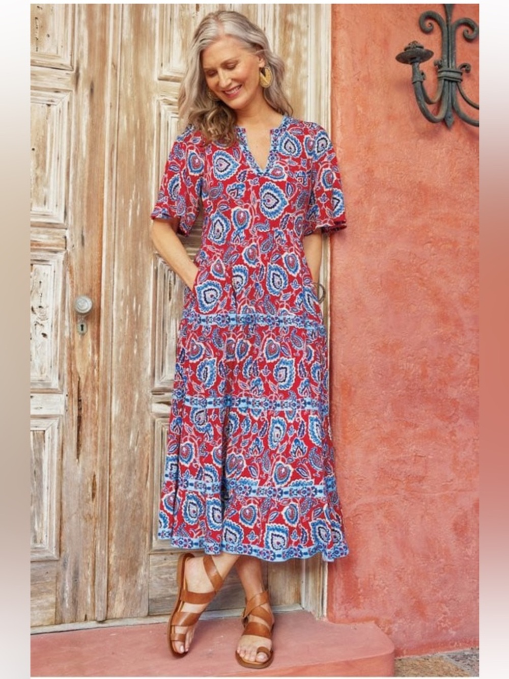 Soft Surroundings Red & Blue Paisley Tiered Midi Dress
